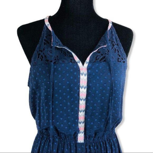 Daniel Rainn Navy Swiss Dot Keyhole Sleeveless Ribbon Trim Maxi Dress size M - Picture 5 of 16